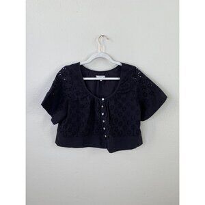 Habitual Womens Black Eyelet Button-Front Cropped Top Cotton Floral M Cotton